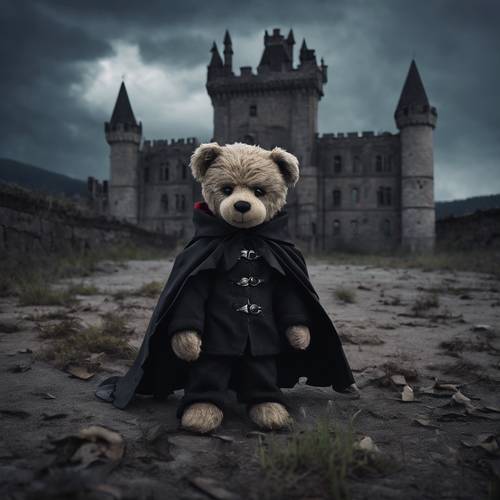 Gotische Kunst, die einen Vampirteddybären mit dunklem Umhang zeigt, der in einem verlassenen Schloss unter einem düsteren, stürmischen Himmel brütet.