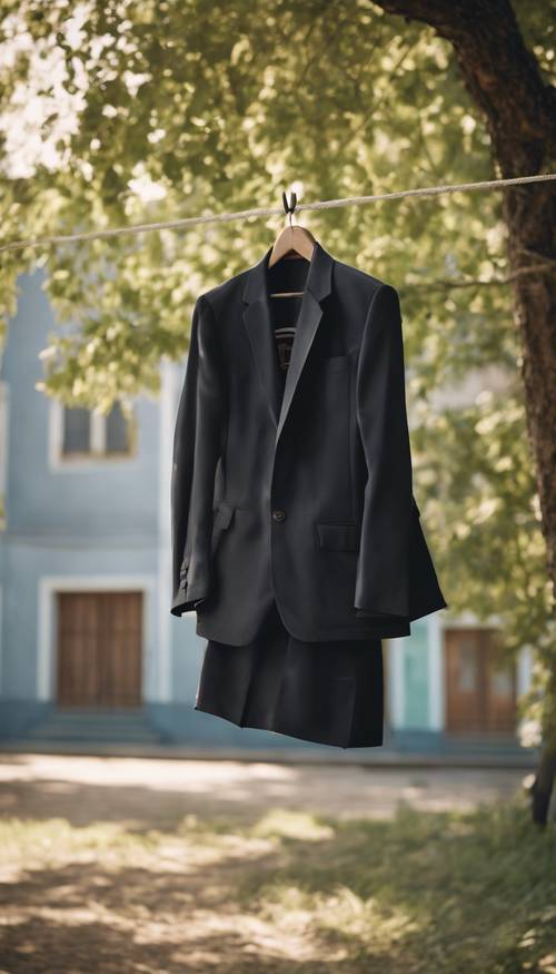 Eine adrette schwarze Schuluniform, die im hellen Tageslicht an einer Wäscheleine hängt.
