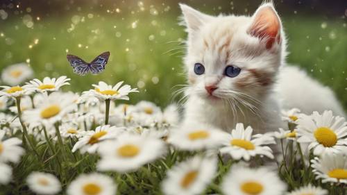 Une pelouse avec des marguerites et un chaton chassant un papillon, avec la citation « Toujours jeune de cœur ».