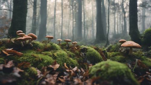 A panoramic shot of a foggy forest, teeming with diverse mushroom species and moss-covered trees.