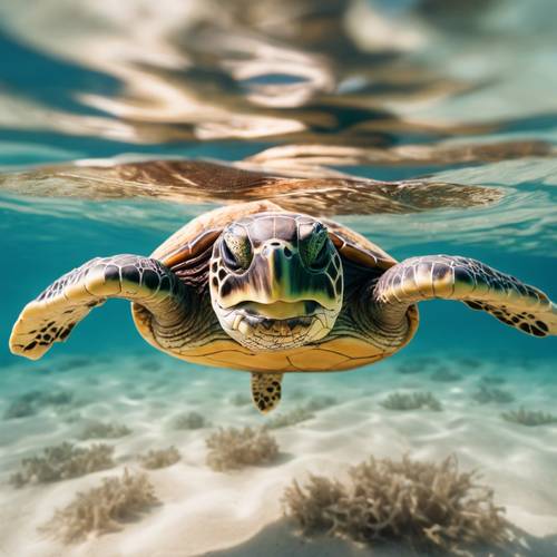 A sea turtle floating lazily on a calm sea during a sunny day.