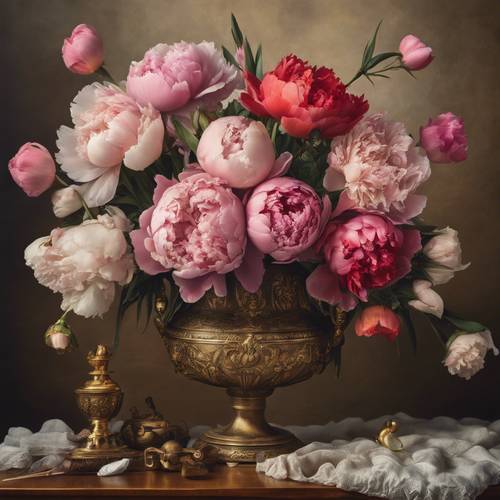 Lukisan still life Belanda yang elegan menampilkan bunga peoni, mawar, tulip, dan anyelir yang mewah dalam vas kuningan.