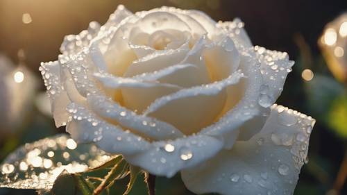 Une rose blanche fraîchement arrosée dans un jardin ensoleillé, ses pétales délicats ornés de gouttes de rosée étincelantes.