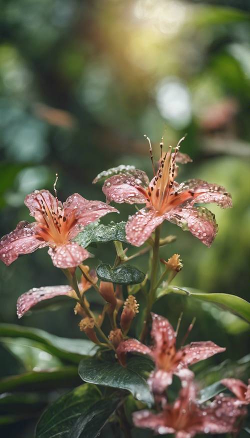 نوع نادر من زهور النير محاطة بأوراق الشجر الاستوائية المورقة.
