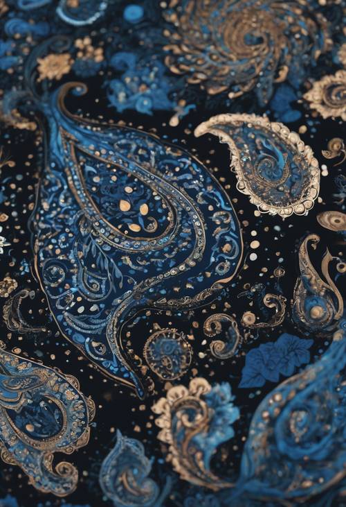 Padrões paisley enigmáticos e ousados em uma variedade de tons de azul meia-noite se afogando em um mar negro cósmico.