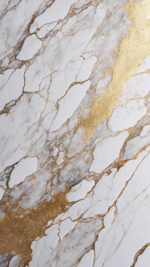 Una superficie di marmo bianco opaco punteggiata da venature dorate che brillano alla luce del giorno.