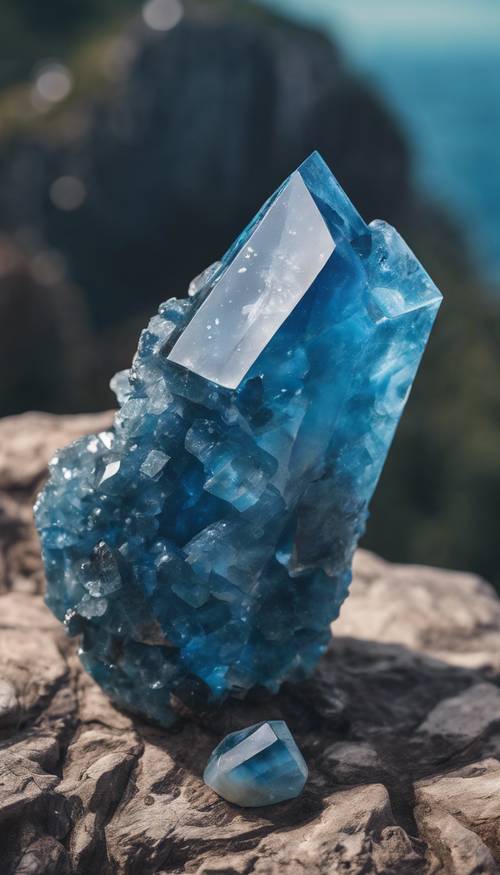 A towering, mysterious blue onyx crystal perched precariously on a cliff edge.