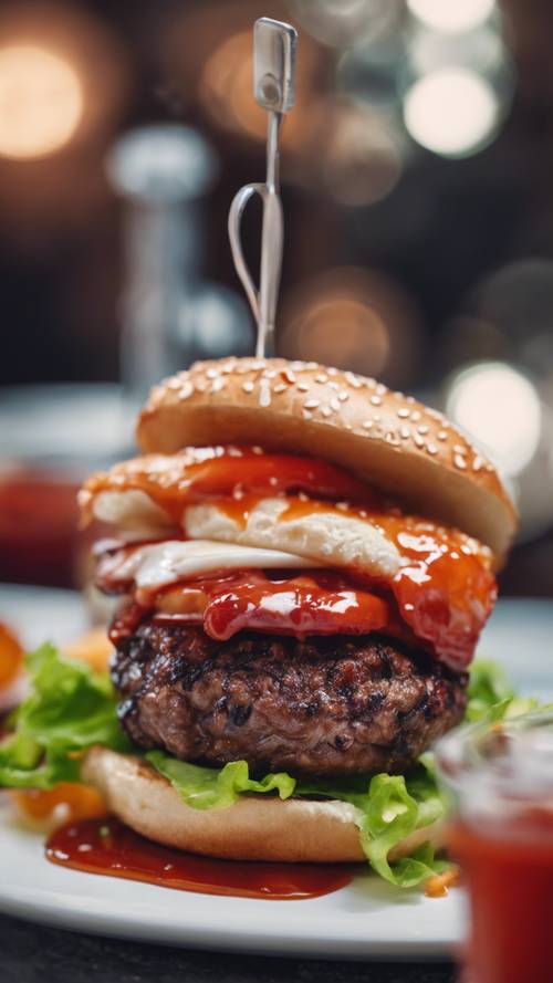 Świeżo grillowany domowy burger wołowy z dodatkiem ketchupu.