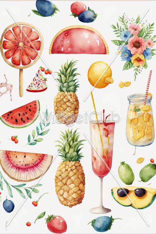 Padrão colorido de frutas e bebidas de verão