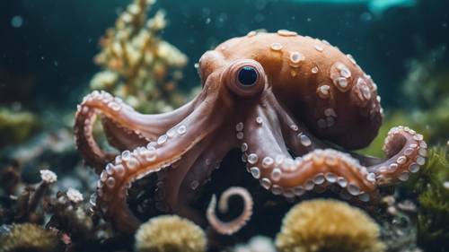 An octopus peacefully sleeping, nestled among an underwater flower bed. Tapeta [f179b501ef2443168d07]