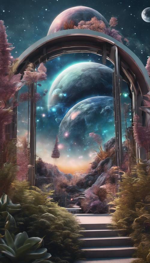 A fantastical 3D mural featuring alien landscapes and glowing, foreign flora on the side of an observatory Tapeta [4e6034386b944d398d8f]