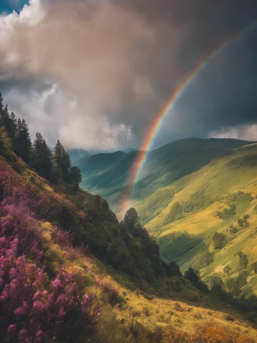 Величественная радуга в стиле бохо, видимая из горного ландшафта.