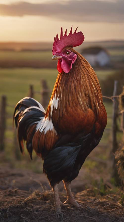 A French country classic, a rooster crowing at the break of dawn against a backdrop of a sleepy rural landscape.