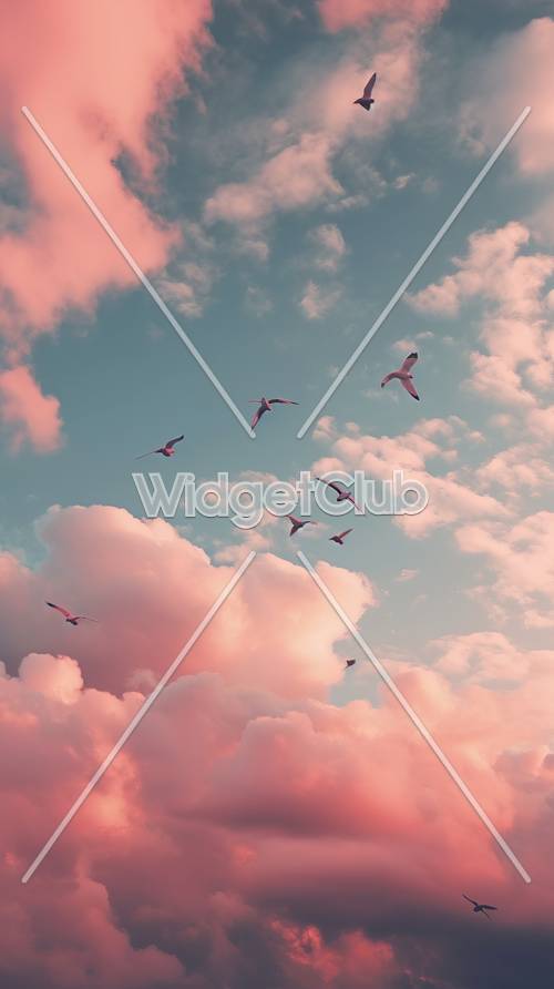 Flying Birds in Pink Cloudy Sky