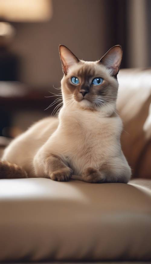 Một con mèo Xiêm màu be đang ngồi trên chiếc ghế dài bọc da thoải mái trong phòng khách trang nhã.
