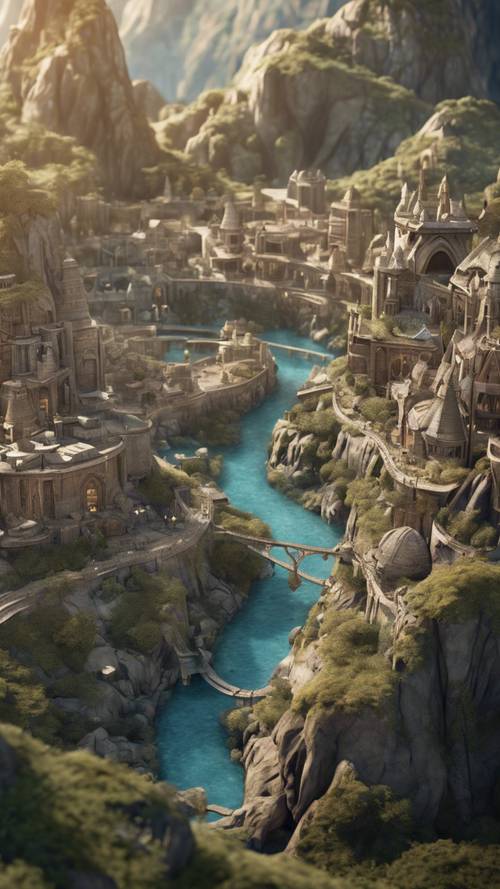 Una mappa fantasy altamente dettagliata di una città nanica scolpita sul fianco di una montagna.