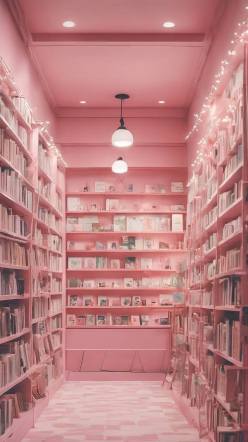 Uma livraria com tema kawaii e paredes em rosa pastel.