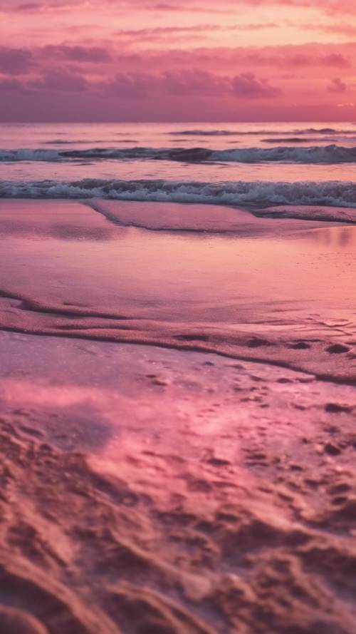 Piaszczysta plaża odbijająca różowe chmury zachodu słońca.