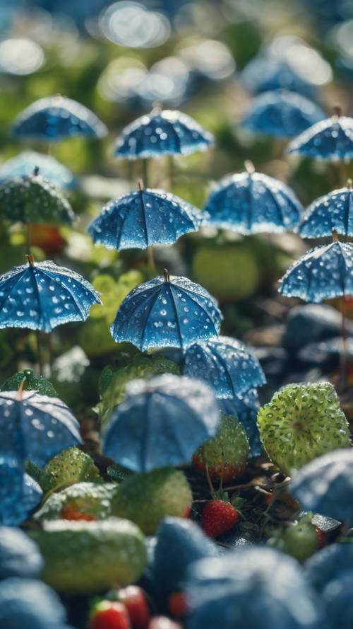 A whimsical image of mini umbrellas sheltering a crop of magical blue strawberries.