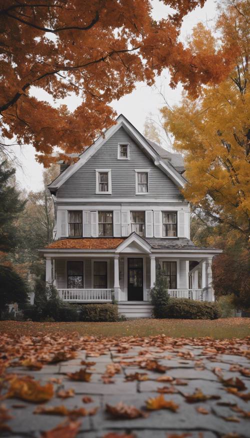 A gray and white brick house nestled amidst fall foliage.