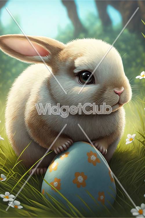 Chú thỏ dễ thương với quả trứng Phục sinh trên đồng cỏ