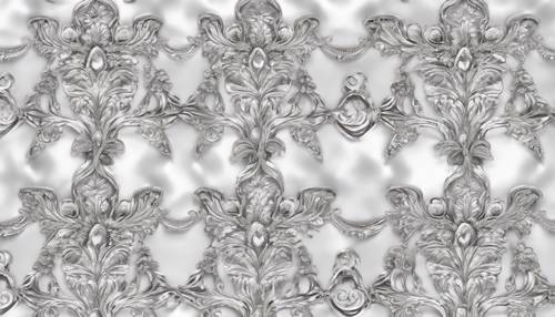 Silver filigree designs on a white background, blending together in a seamless pattern that evokes the charm of old-world damask.