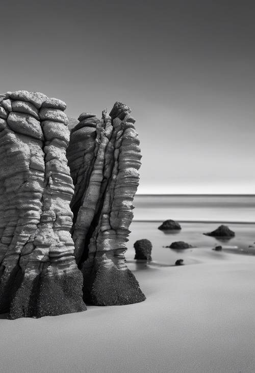Gambar artistik hitam putih formasi batuan lurik yang menonjol dari pasir pantai saat air surut.