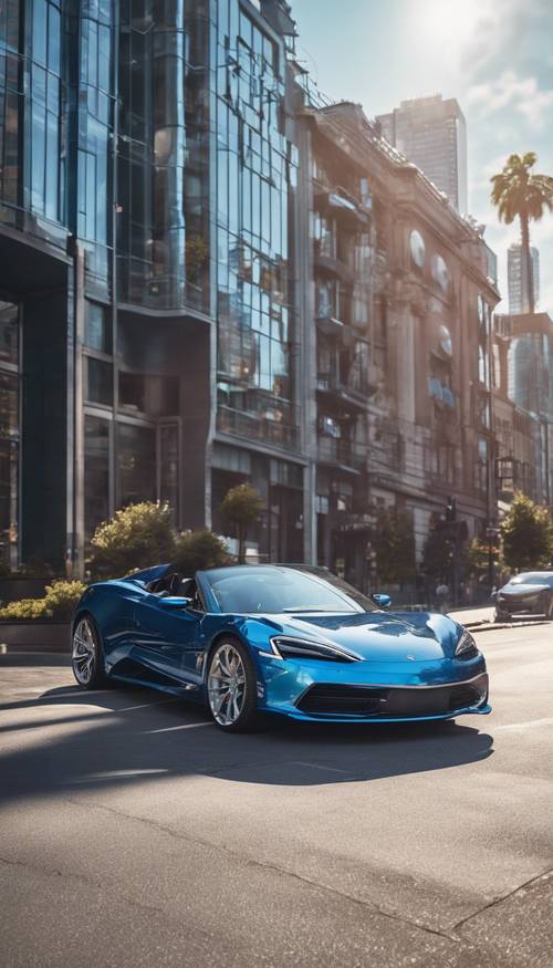 A modern sports car with shimmering metallic blue paint parked along a sleek urban sidewalk on a sunny day. Tapeta [5ca0a99f5c3e447f92a5]