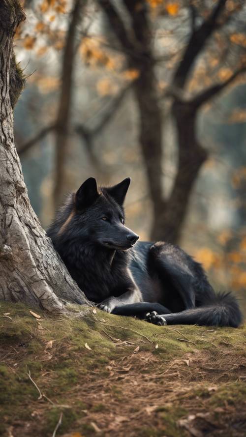 A black wolf sleeping peacefully under a tree, birds chirping lightly in the distance.