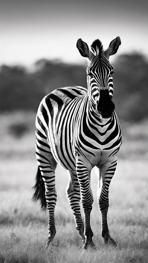 Seekor zebra monokrom berdiri dengan latar belakang sabana yang dingin saat matahari terbenam.