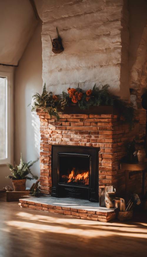 A small, brick fireplace nesting in a cozy, cottagecore room, burning brightly, casting long, tingling shadows around the room. Ταπετσαρία [00e19757aa58464eaefd]