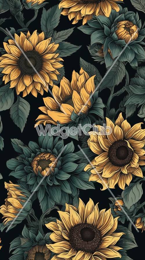 Golden Sunflowers in a Dark Garden