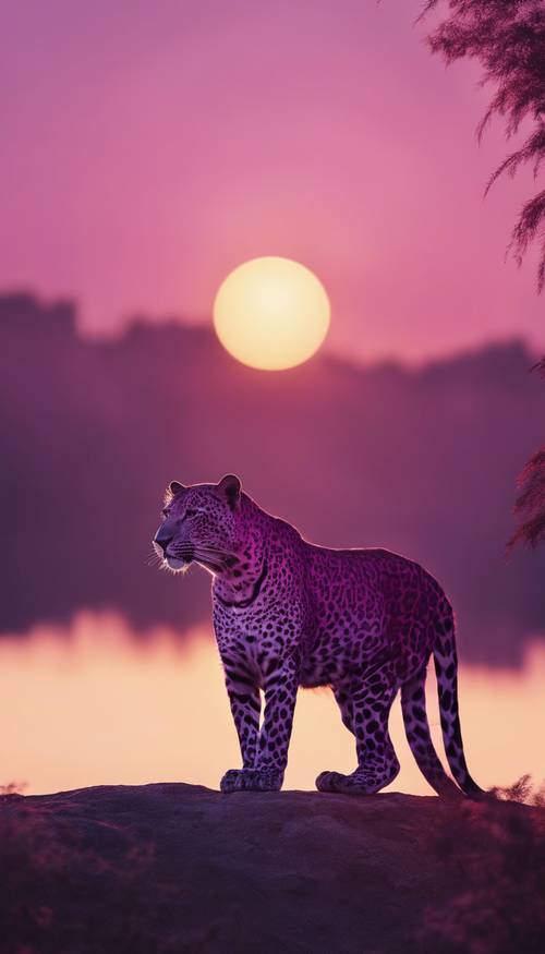 Uma visão incomum de uma silhueta de leopardo roxo contra um sol nascente.