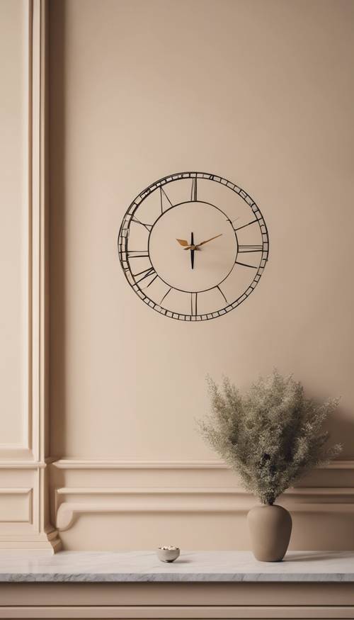 Minimalist bir duvar saati tasarımını sergileyen bej renkli bir duvar.