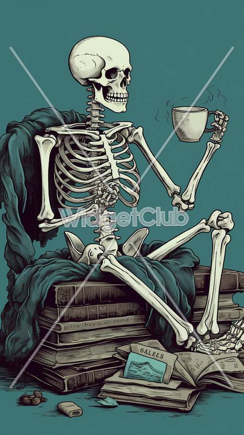 骸骨が本の上でコーヒーを飲んでいる -----> 本の上でコーヒーを飲む骸骨