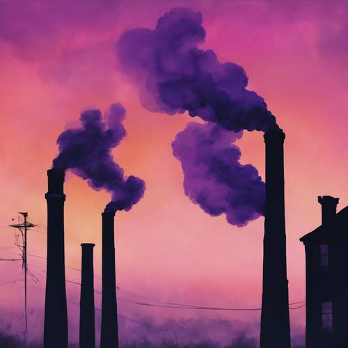A surreal painting portraying chimneys releasing thick black and purple smoke into the grimy dusk sky.