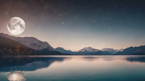 The moon reflecting on a crystal clear lake surrounded by mountains. Tapet [8be4c414f0df4aecad81]