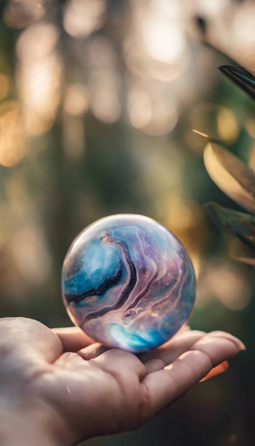 A solitary, iridescent marble resting in the palm of a child's hand.