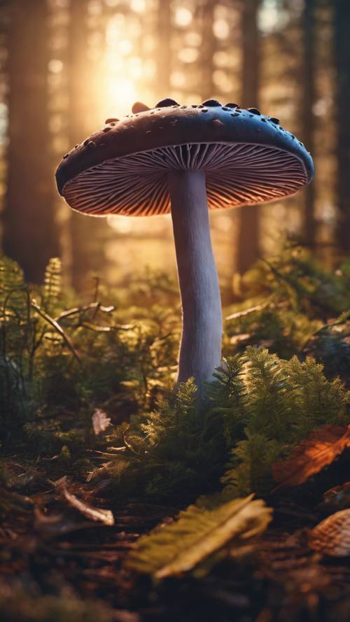A close-up vibrant illustration of a Portobello mushroom with detailed gills in a forest setting during sunset. Tapet [afe953637f554461896f]