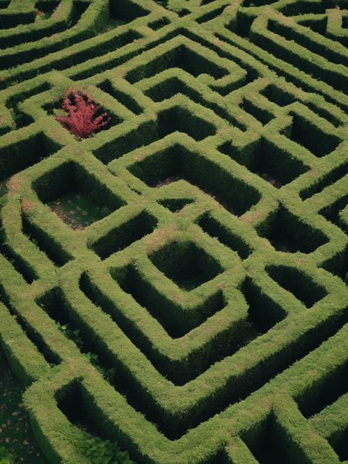 A high angle view of a gothic labyrinth with statuesque hedges of dark green and paths traced in red gravel.