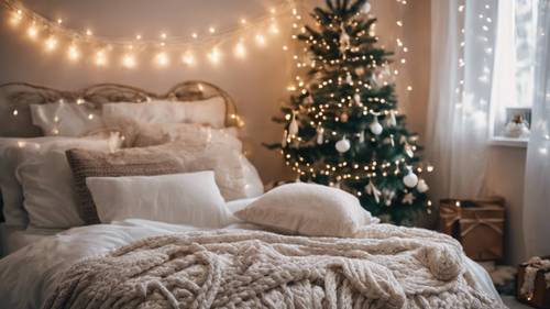 Deliziosa camera da letto boho con decorazioni natalizie con fili di luci bianche e mini albero di Natale con ornamenti all&#39;uncinetto.