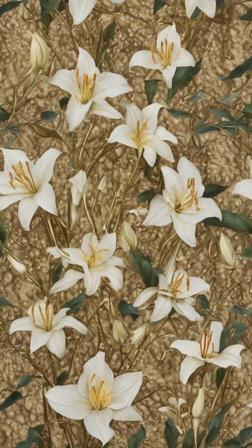 A gold tweed botanical print with delicate lilies and ivy