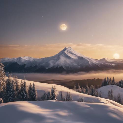 A snowy mountain peak shimmering in the gold of the setting sun, under the watchful eyes of the moon.
