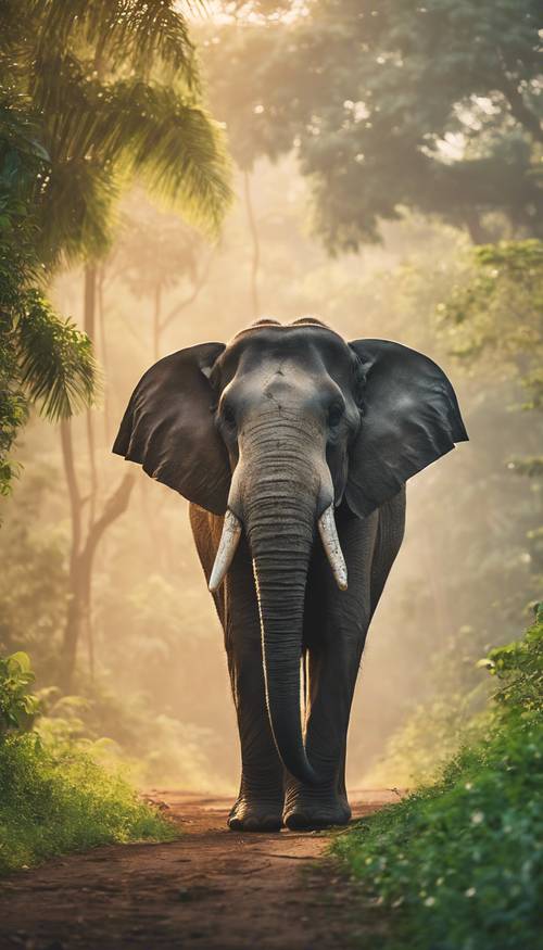 Một con voi Ấn Độ hùng vĩ đi qua khu rừng xanh tươi vào lúc bình minh.