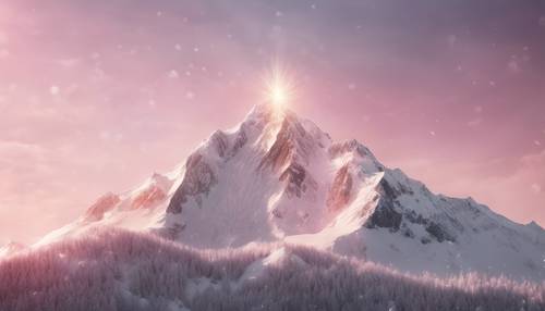 A snowy peak of a high mountain radiating a light pink aura.