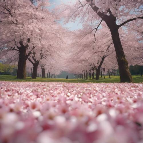 Une vaste prairie parsemée de pétales de fleurs de cerisier, peignant une scène d’une beauté éphémère.
