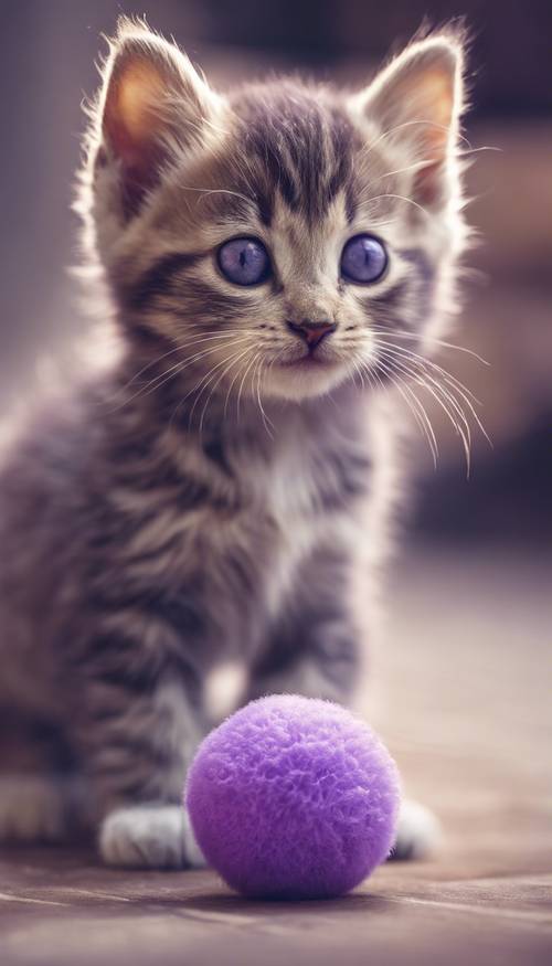 A small purple kitten curiously playing with a fluffy ball. Tapeet [f36337f66d514344b903]