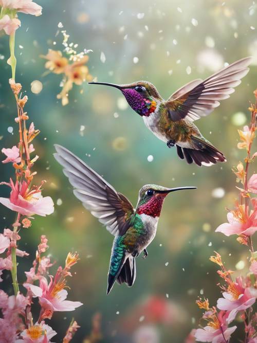 A mural featuring hummingbirds flitting among flowers, captured in freeze-frame motion. Tapeet [390828d0b9eb40efa26e]