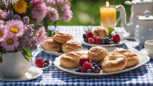 Une scène de petit-déjeuner ensoleillée sur une nappe à carreaux vichy, avec de délicieuses pâtisseries, des baies cultivées sur place et un vase de fleurs sauvages.