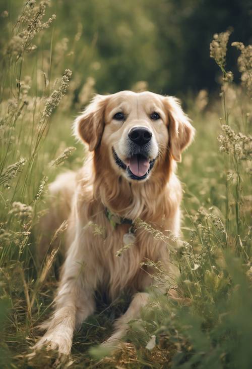 Seekor anjing Golden Retriever bermata hijau sedang bermain lempar tangkap di padang rumput musim panas.